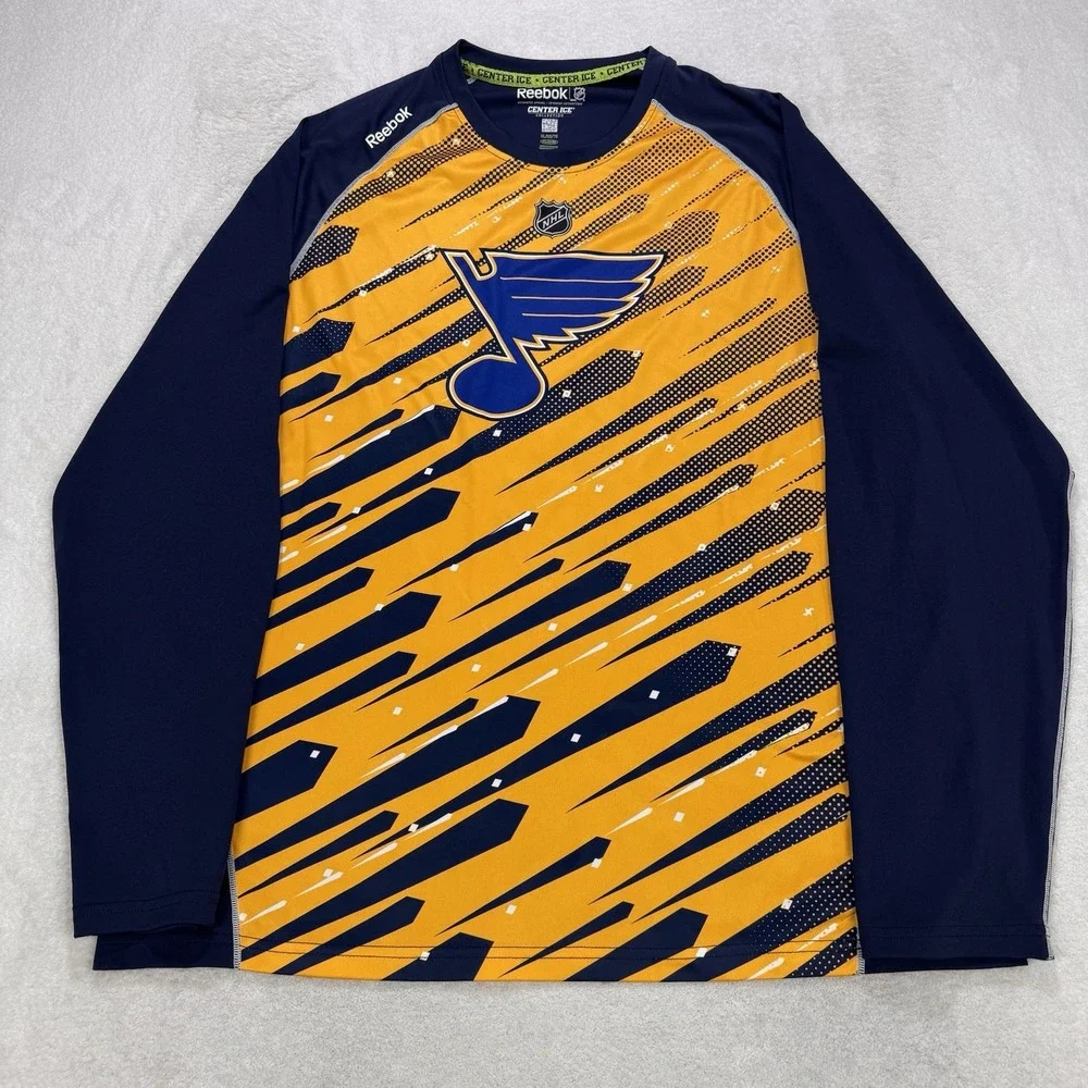 Reebok Pullover Shirt Men XL Blue Yellow Blues Center Ice‎ Collection LS